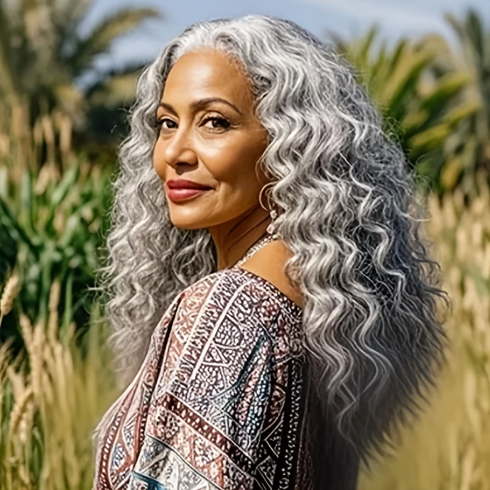 Synthetic Wig 24-Inch Space Gray Deep Waves with Glueless Buckle Cap and Rating with Item-Specific Color, Length, Texture and Cap Choices