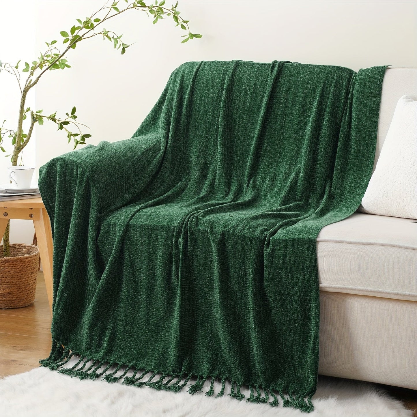 Chenille Fringe Throw Blanket, 180-200gsm Velvety Decorative Throw for Sofa & Couch, Home Decor, 50”×60”