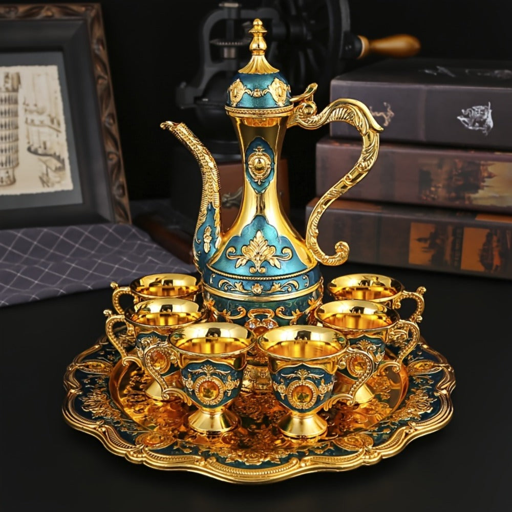 Vintage Turkish Coffee Tea Set – Zinc Alloy Teapot, 6 Cups & Tray | European Style Luxury Gift Set for Tea, Coffee & Cappuccino