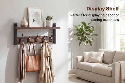 Vintage Wall-Mounted Shelf and Key Rack with Five Hooks, 17.1-Inch Width and Brown Board Finish