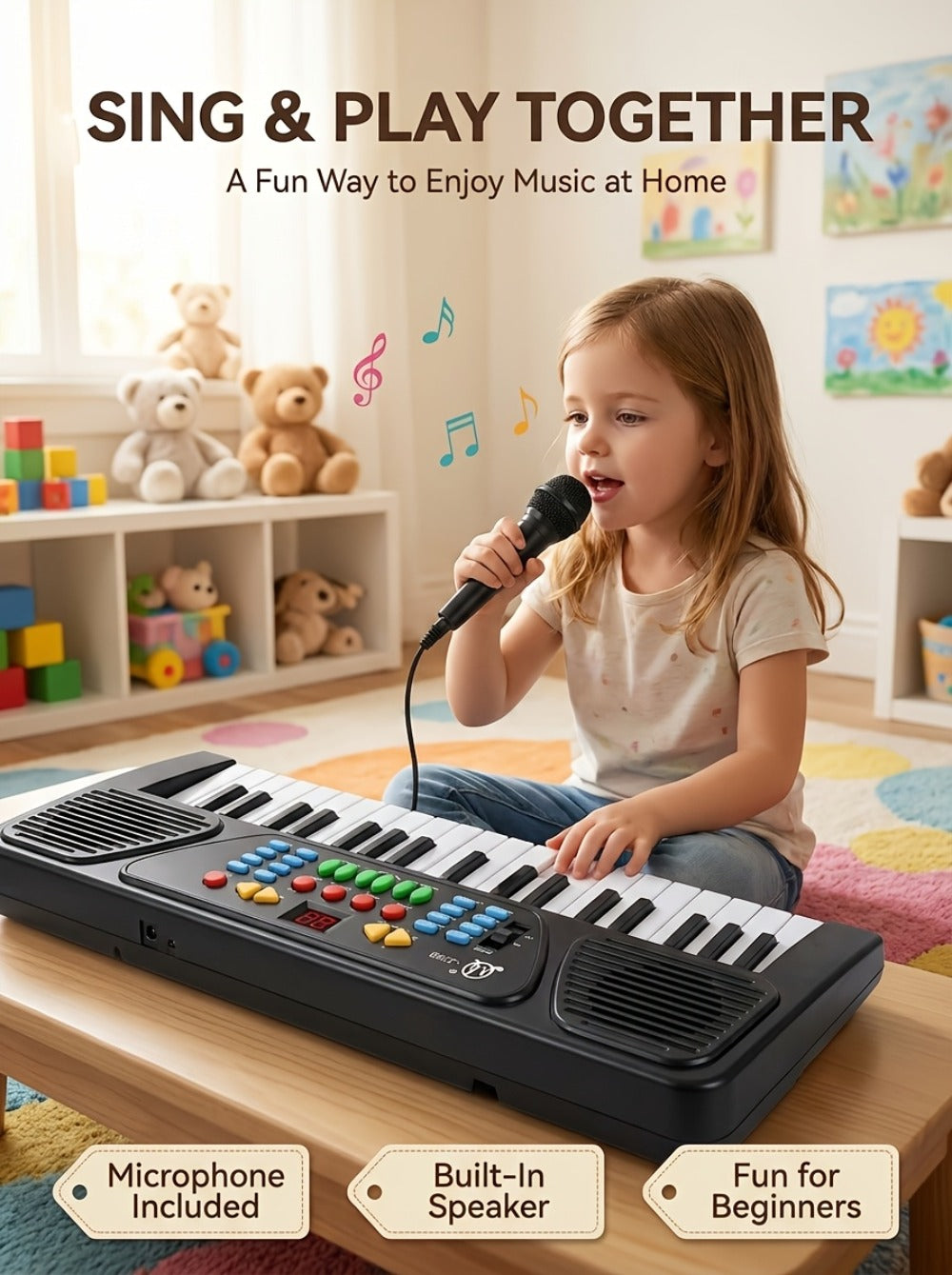 Kids Electronic Keyboard with Microphone, Black, Music Learning Toy for Boys & Girls, Sing-Along Piano Instrument