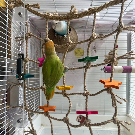 Bird Climbing Net for Parrots Hemp Rope Play Gym with Star Shape Chewable Toys Foraging Ladder Perch for Parakeets Cockatiels Conures