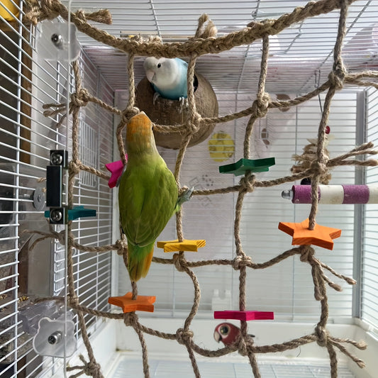 Hemp Rope Bird Climbing Net with Colorful Star Foot Shapes and Hanging Loops for Parakeet and Parrot Cages