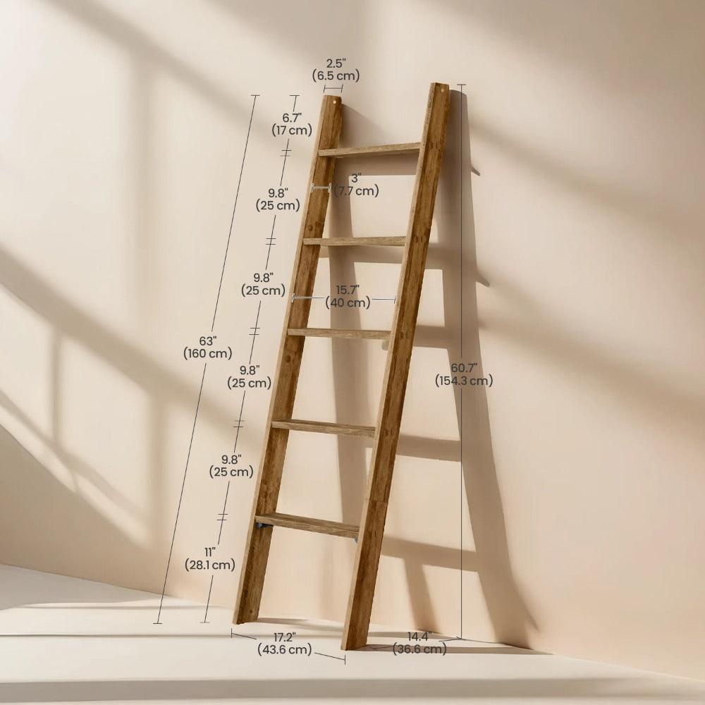 Blanket Ladder Shelf 5-Tier Freestanding Wood Ladder Rack for Blankets Towels Books Decor for Laundry Rooms, Closets and Home Organization