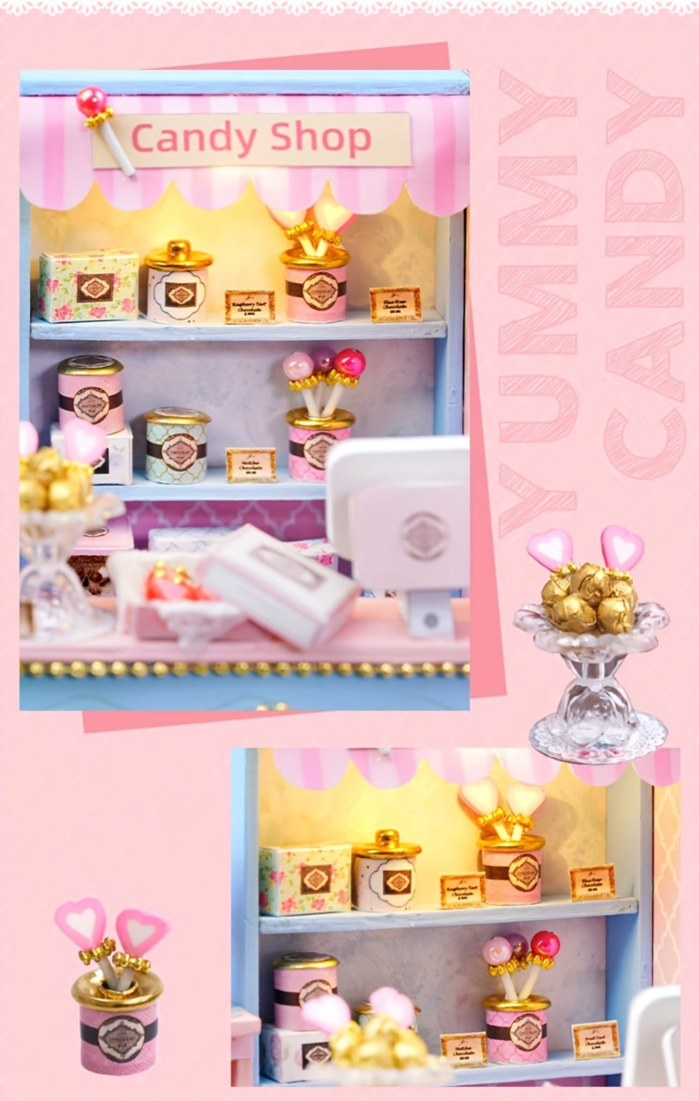 DIY Miniature Shop Dollhouse Kit with Dust Cover, Wooden Mini Store Assembly Set, 4 Themes Sakura Noodles Candy Atelier Coffee