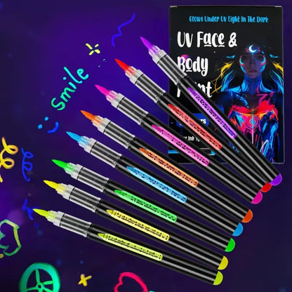 Neon Body Face Paint Pens Set of 8 – Glow-in-the-Dark UV Reactive Markers for Temporary Tattoos, Party Makeup, Mardi Gras, Music Festivals