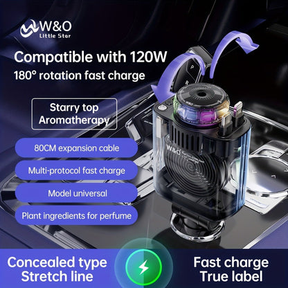 3-in-1 Car Charger, Air Freshener & Starry Sky Ceiling Light – Retractable Type-C & Lightning Cable, Aromatherapy Perfume