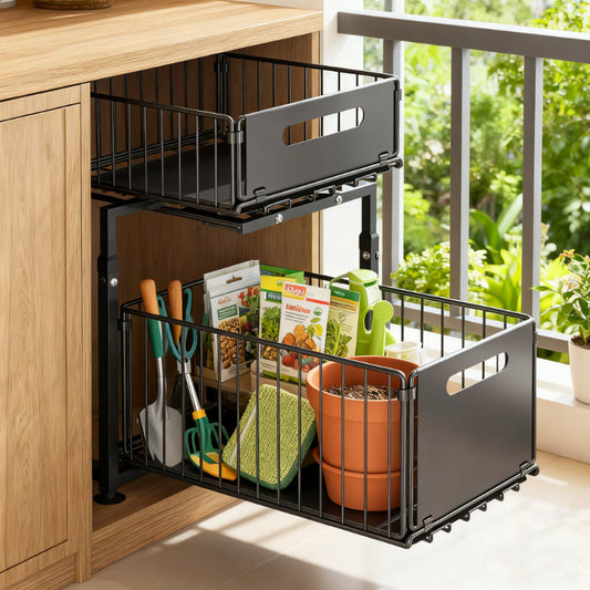Under Sink Organizer 2-Tier Slide Out Pull Out Drawer Metal Basket Height Adjustable – Under Sink Cabinet Organizer for Kitchen Bathroom