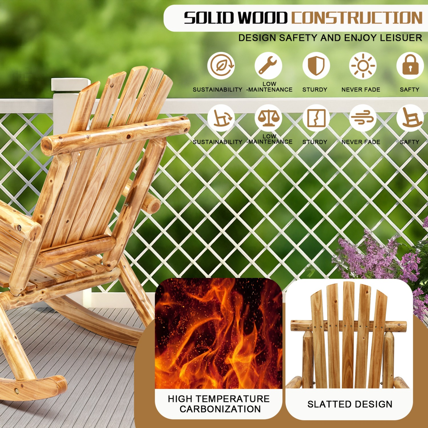 Patio Cedar Rocking Chair 26" Fan-Shaped Backrest Outdoor Rocker for Garden Poolside Patio