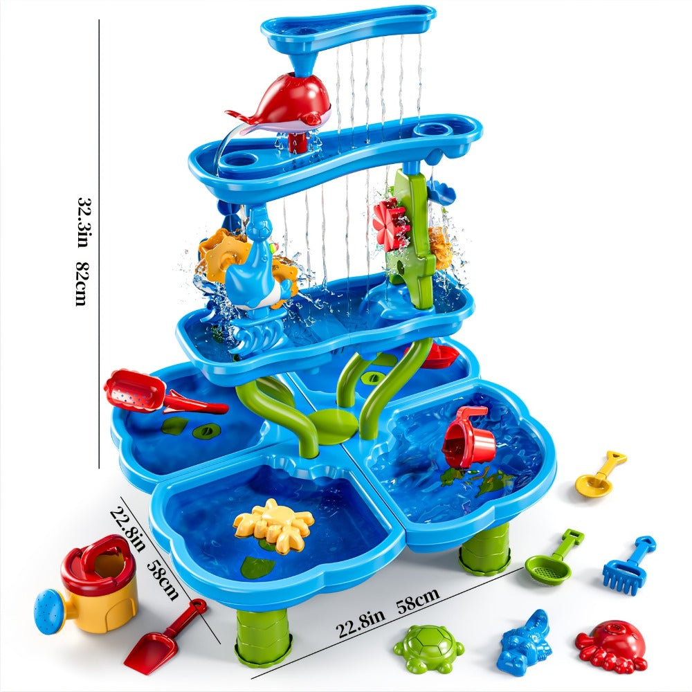 Water Play Table for Kids Double-Sided Waterfall & Beach Sand Zone, Outdoor Sensory Activity Toy for Toddlers Ages 3+