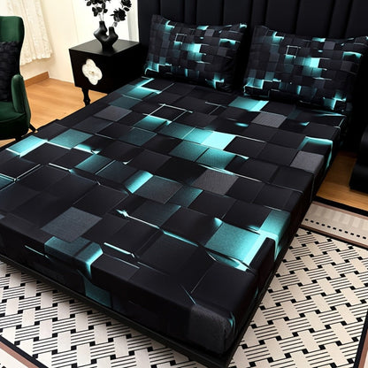Fitted Sheet Set 3pcs Plaid Digital Print Deep Pocket 15" All Season Bed Sheet + 2 Pillowcases No Filling Twin Full Queen King