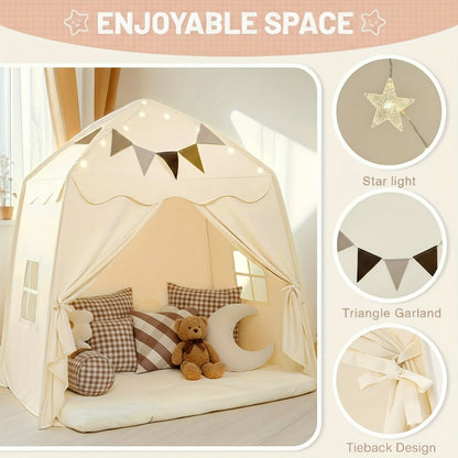 Kids Play Tent with Star Lights & Flags, Extra Large Indoor Outdoor Playhouse with Windows for Reading & Pretend Play