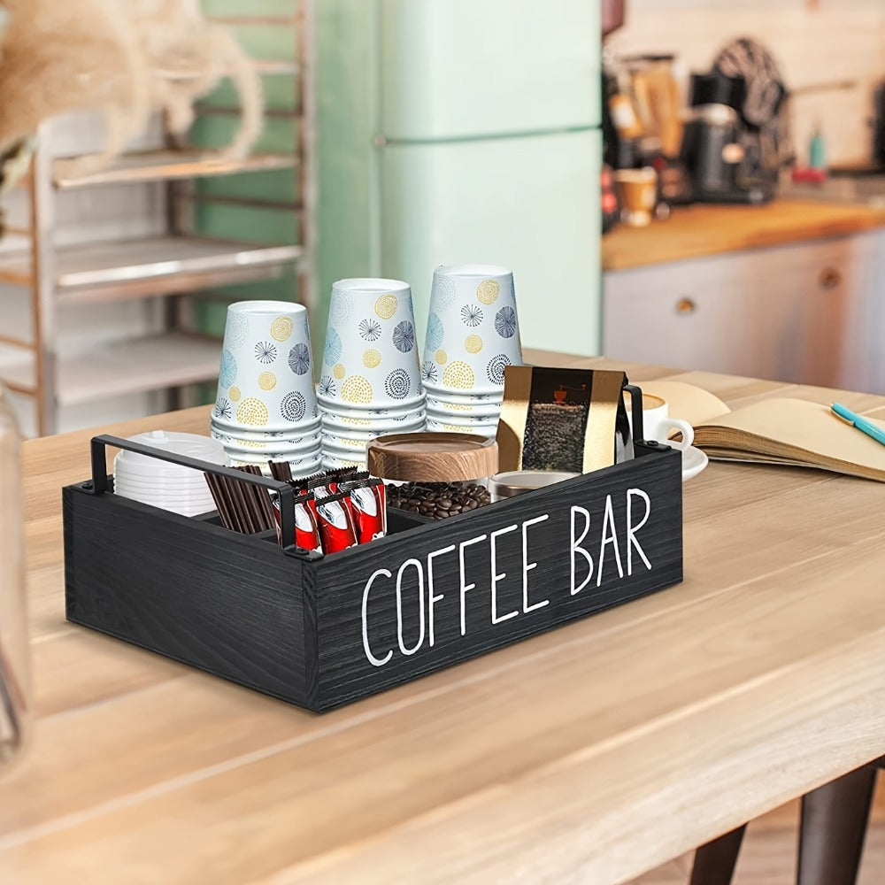 Wooden Coffee Bar Organizer with Farmhouse Sign and Rectangular Tray for Pods, Sugar, Creamer and Countertop Accessories