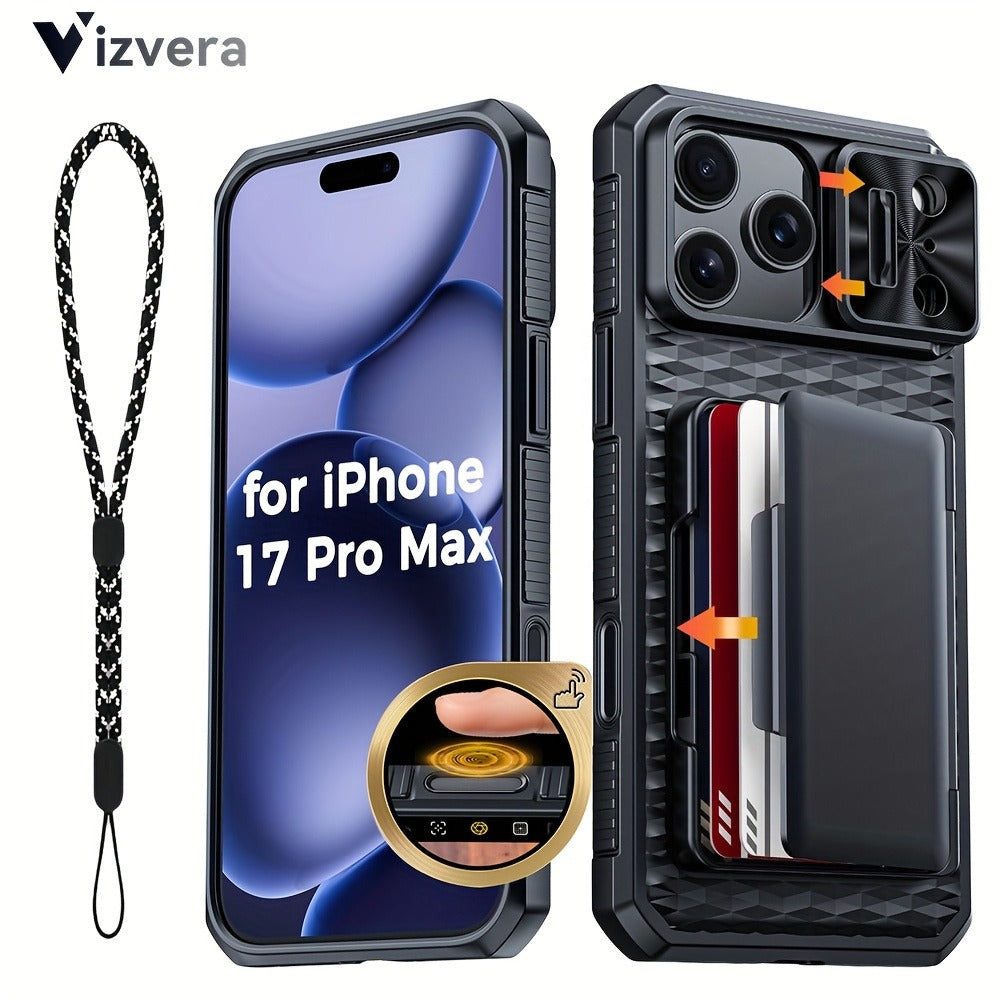 iPhone 17 Pro Max Wallet Case with Lanyard, 4-5 Card Holder, Sliding Lens Cover & Camera Control Button – Premium Protective Wallet Phone