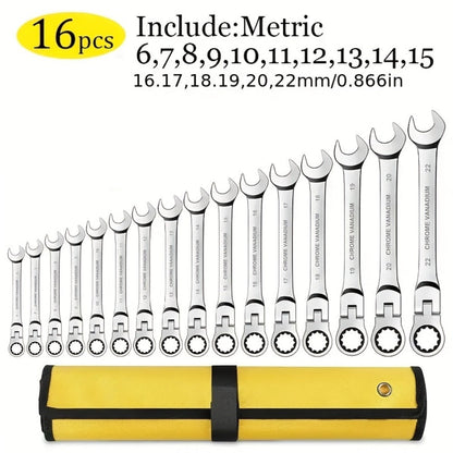 Ratcheting Wrench Set 16pcs Flex Head 180°, Metric 6-22mm CR-V Steel Combination Wrench Kit with 72-Tooth Ratchet & Organizer Bag