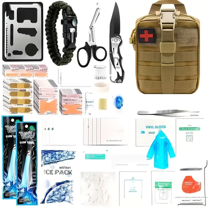 Emergency Survival Kit with MOLLE-Style Bag, Pictured Multi-Tool and First-Aid Assortment in Two Colors