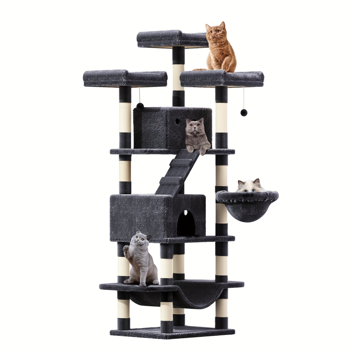 Large Multi-Level Cat Tower with Two Condos, Three Perches, Hammocks and Six Gray, Beige or Taupe Configurations