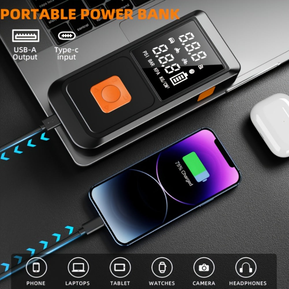 Portable Tire Inflator 150PSI 6000mAh – Digital Display Air Pump with USB Type-C Charging, Dual Safety Protection, LED Light for Car, Bike