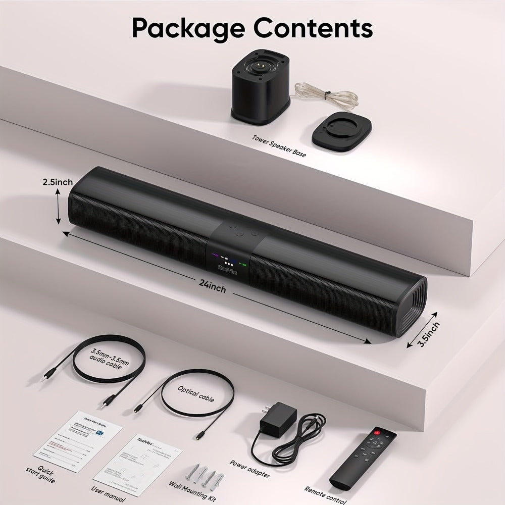 2.1 Channel Soundbar with Subwoofer for TV PC Gaming, Wireless Bluetooth Optical AUX Wall-Mountable Surround Sound System