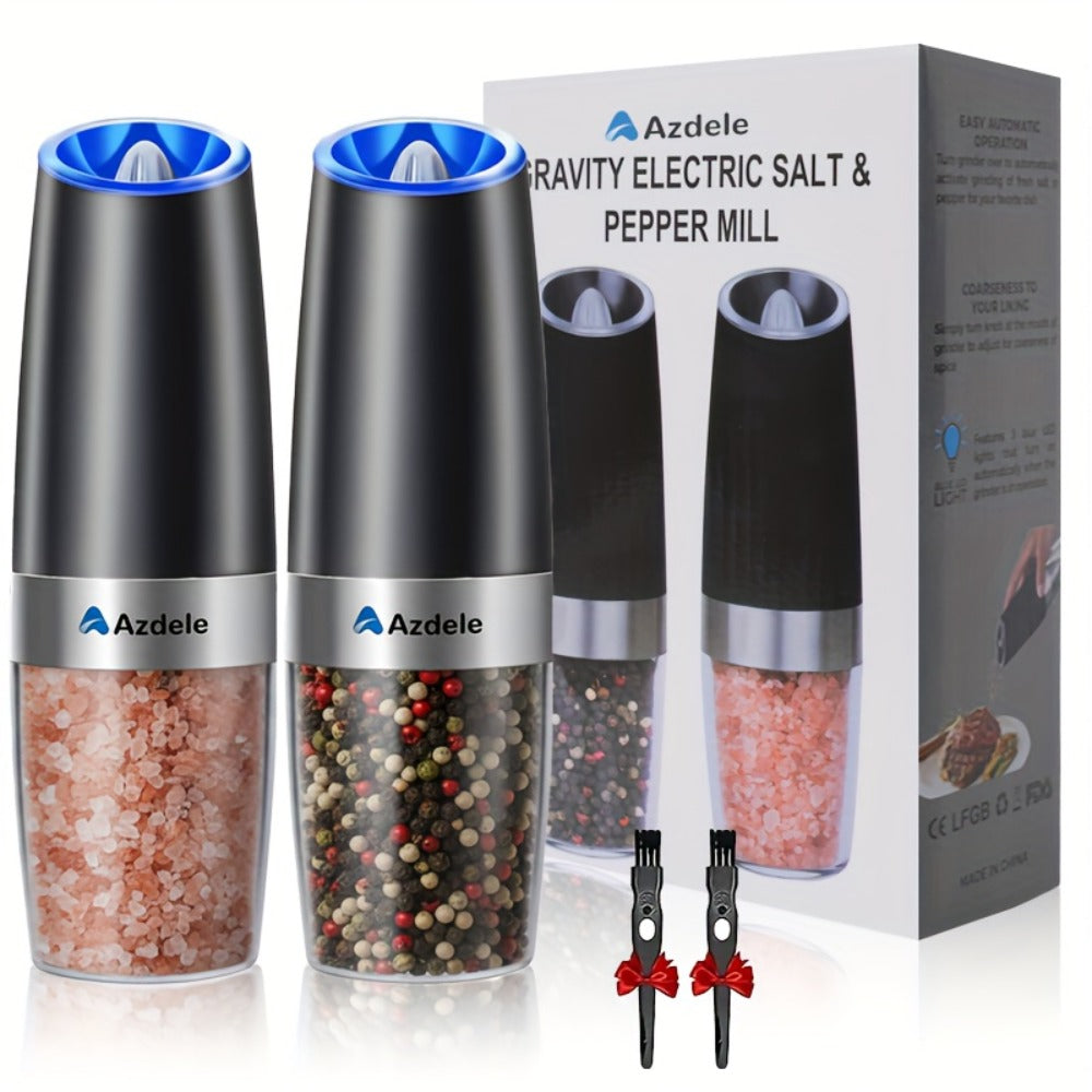 Electric Salt and Pepper Grinder Set with Two Black Gravity-Activated Mills, LED Lights and Grind Dial