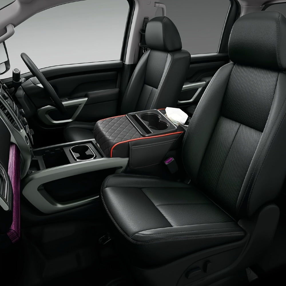 Center Console Armrest Organizer with Two Cup Holders, Tissue Slot, Side Pockets and Eight Color or Trim Options