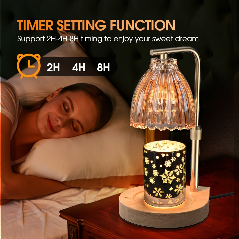Gold Candle Warmer Lamp with Ribbed Glass Shade, Adjustable Height, Four Brightness Levels and 2/4/8-Hour Timer