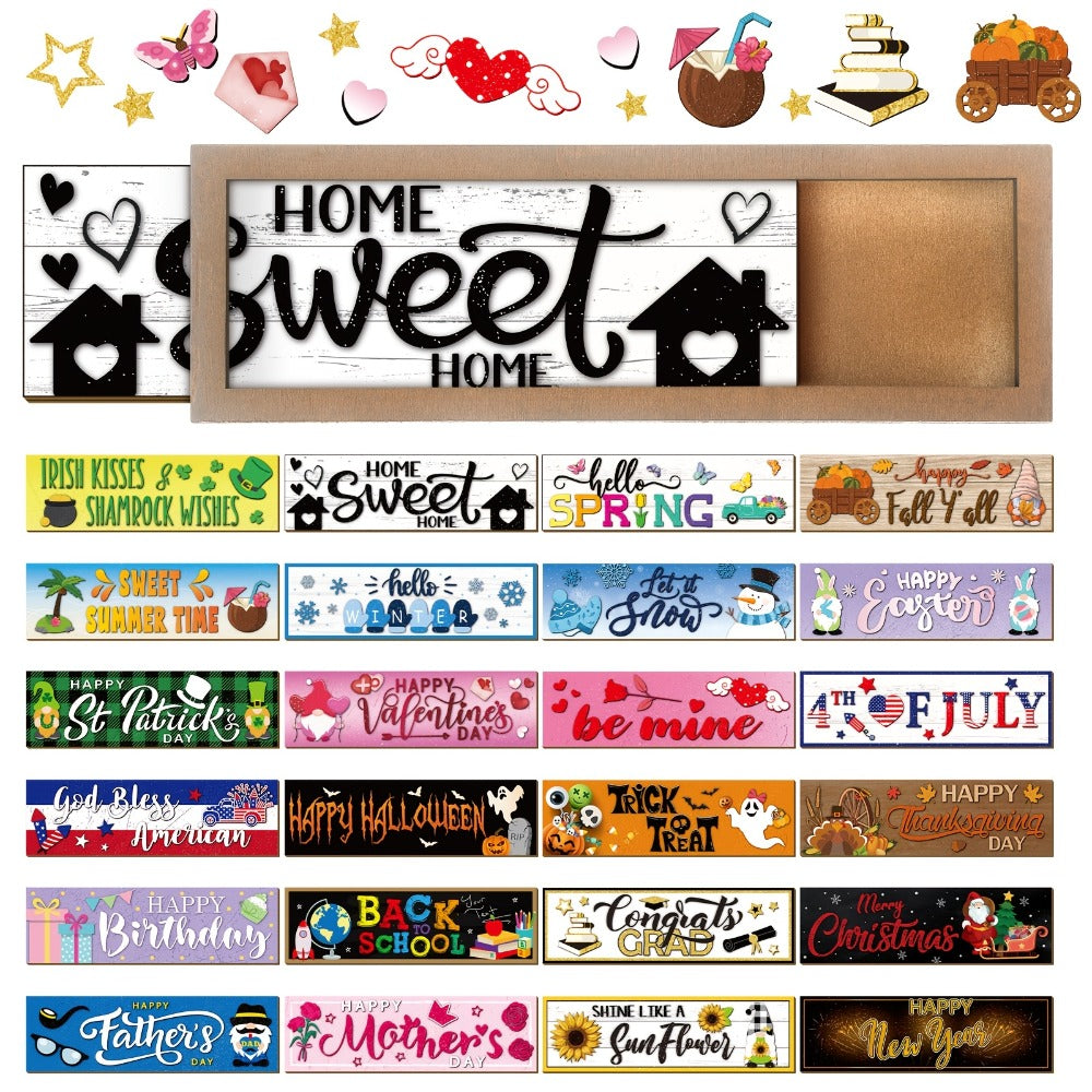 Interchangeable Seasonal Wood Welcome Sign 25-Piece Set – Wooden Frame Table Decor with Swappable Holiday Signs for Fall, Thanksgiving