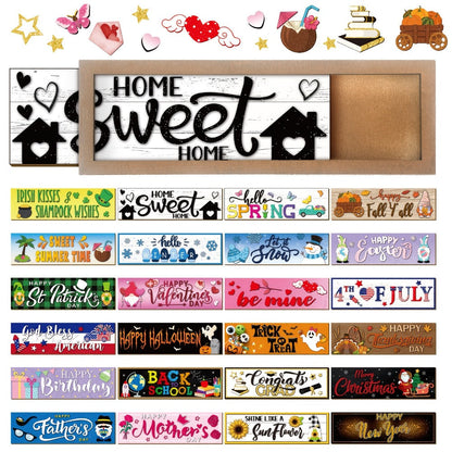 Interchangeable Seasonal Wood Welcome Sign 25-Piece Set – Wooden Frame Table Decor with Swappable Holiday Signs for Fall, Thanksgiving