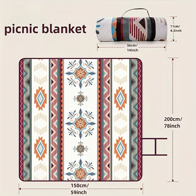 Rectangular Geometric Picnic Blanket with Rolled Carry Straps and 200 x 150 cm Pictured Open Size