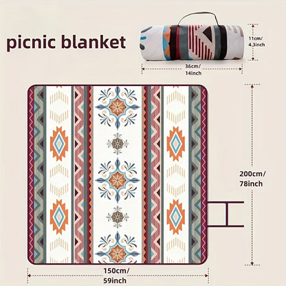 Rectangular Geometric Picnic Blanket with Rolled Carry Straps and 200 x 150 cm Pictured Open Size