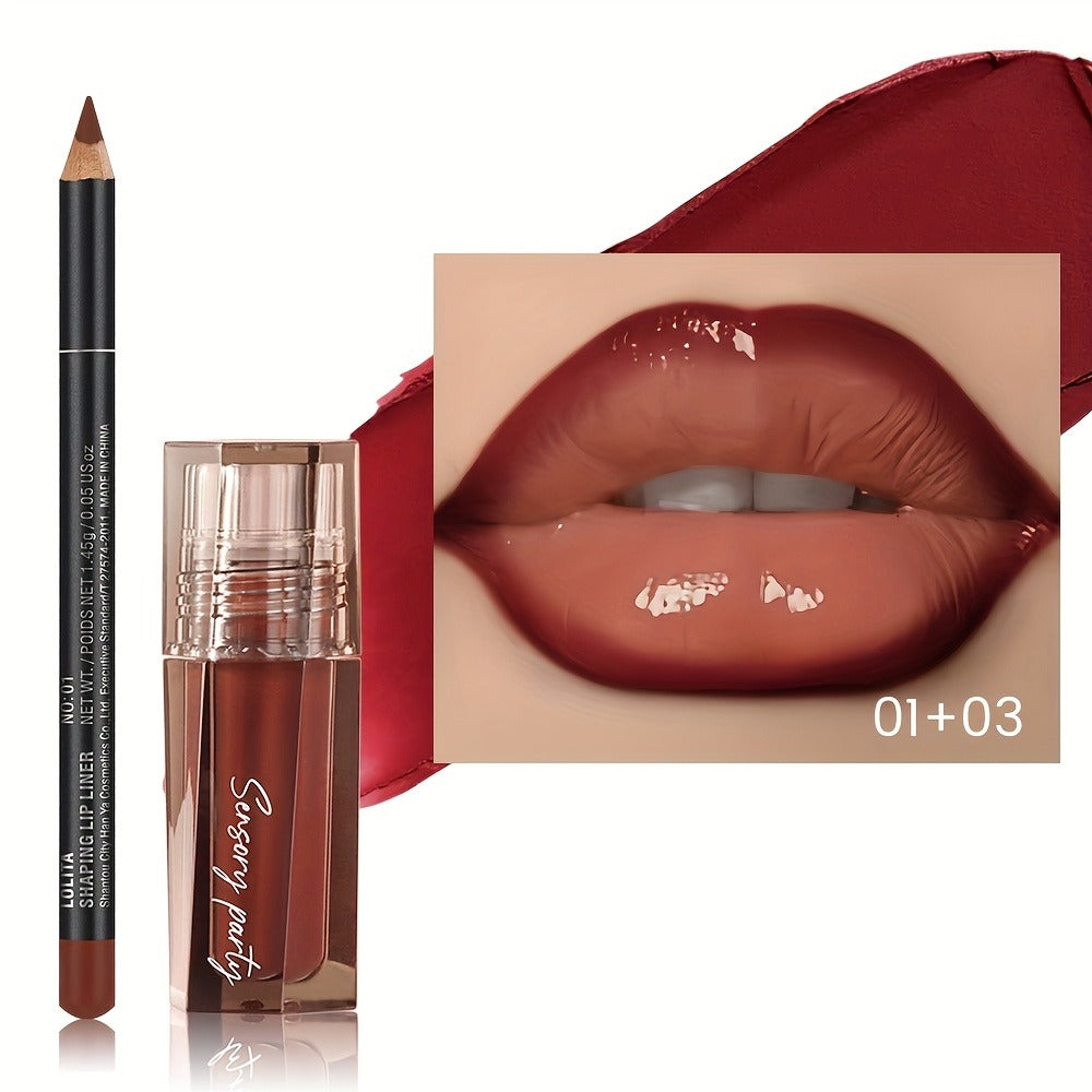 Lip Gloss Lip Liner Set Hydrating Water-Gloss Dewy Finish – 3D Precision Contour Matte Liner, for Makeup, Travel and Everyday Vanity Use