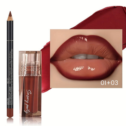 Lip Gloss Lip Liner Set Hydrating Water-Gloss Dewy Finish – 3D Precision Contour Matte Liner, for Makeup, Travel and Everyday Vanity Use
