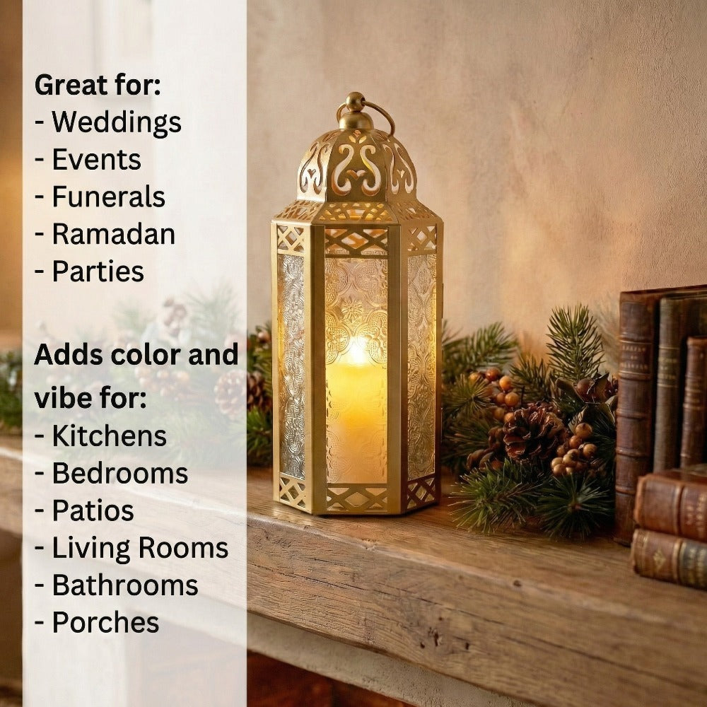 Moroccan Candle Lantern Holder - Decorative Metal & Glass Lantern with Embossed Floral Design for Indoor Home Decor