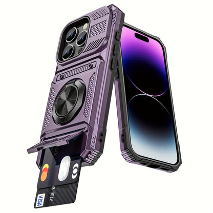 Phone Case Dual-Card Hard Shell Cover with 360-Degree Ring Kickstand for Select iPhone 14, 16 and 17 Models