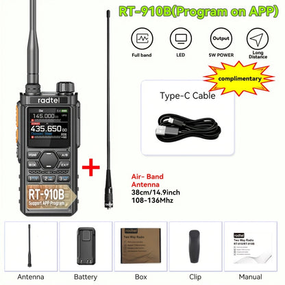 Tri-Band Ham Radio Handheld Walkie Talkie Radtel RT-910B, 6M VHF UHF Air Band Two-Way Radio, APP Programming