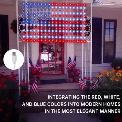 American Flag LED Curtain Lights 242 LEDs USB Powered, 4th of July Patriotic Decorations for Home Porch Garden Courtyard
