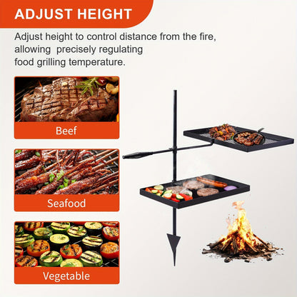 Portable Camping Grill Set – Heavy Duty Skillet Combo with Adjustable Grill Grate, Grill Pan & Carrying Bag – Steel & Iron Construction