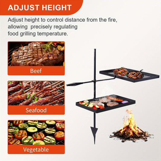 Portable Camping Grill Set – Heavy Duty Skillet Combo with Adjustable Grill Grate, Grill Pan & Carrying Bag – Steel & Iron Construction