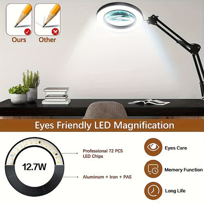 15X Magnifying Lamp with Clamp & Flexible Arm, USB LED Desk Light, 3 Color Modes 10 Brightness Levels