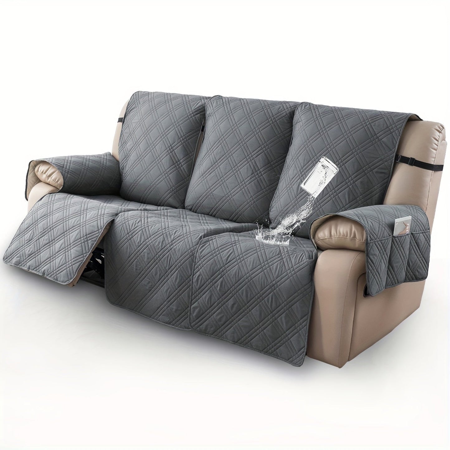 Three-Piece Quilted Recliner Sofa Cover Set for Three Seats with 65 cm Panels and Eight Colors