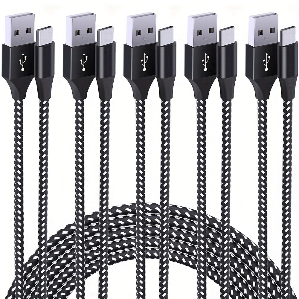 Five-Pack Braided USB-A to USB-C Charging Cables in 3.3, 6.6 and 10 ft Lengths, Black and White