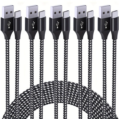 Five-Pack Braided USB-A to USB-C Charging Cables in 3.3, 6.6 and 10 ft Lengths, Black and White