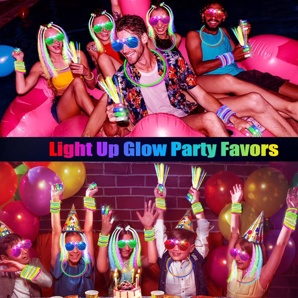 Neon Glow Accessory Party Supplies Set with 120 Pieces including Glasses, Rings, Sticks and Hair Clips