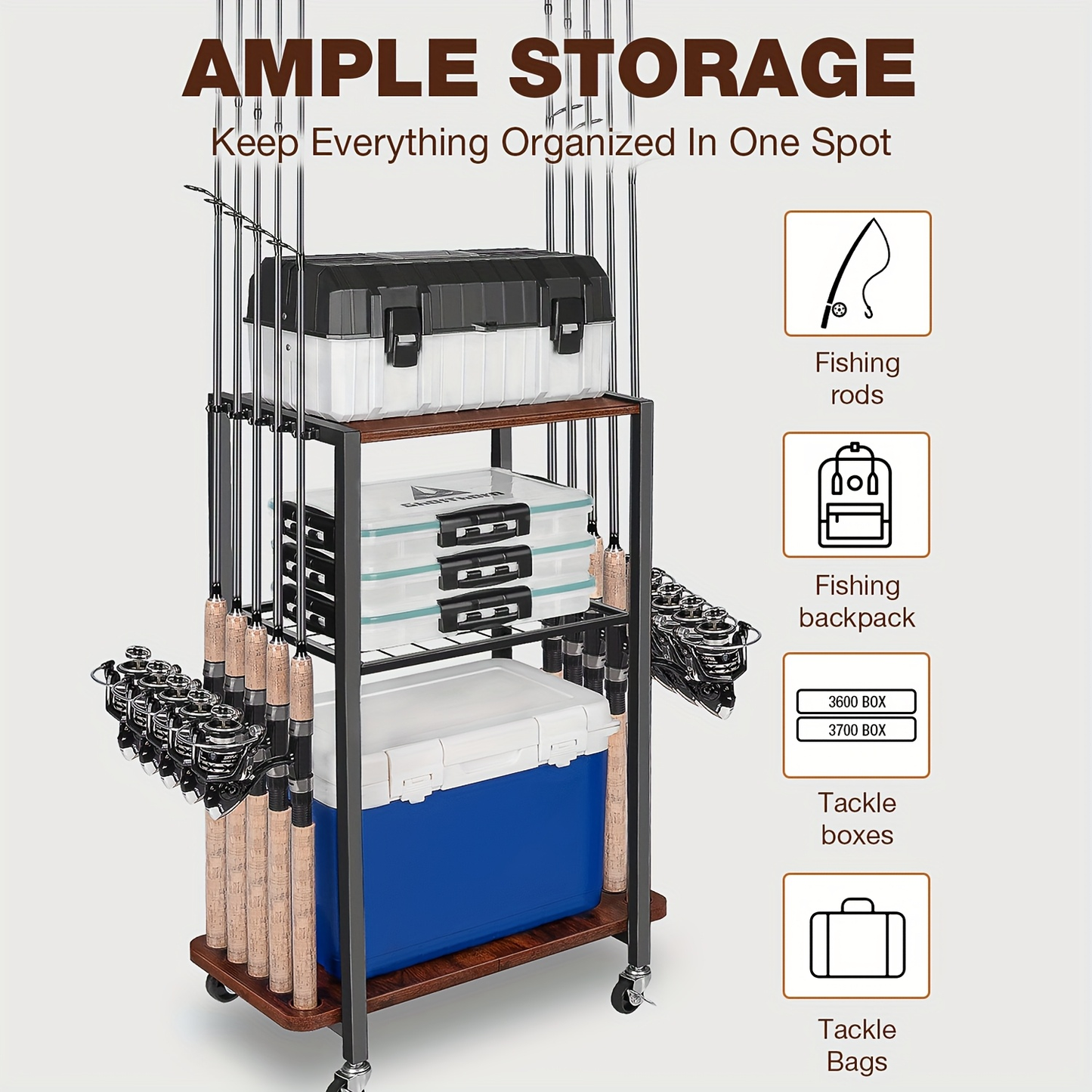 Fishing Rod Holder Rack Rotating Tackle Storage Cart Iron Wood Holds 10 to 12 Rods Garage Fishing Pole Organizer with Wheels Fishing Gear