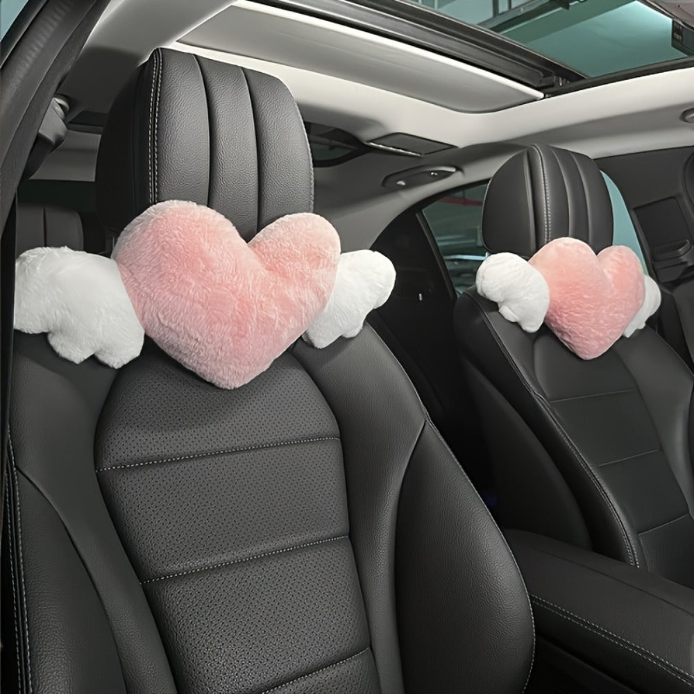 Car Headrest Neck Pillow Heart Shape with Angel Wings – Cute Plush Lumbar Cushion & Seat Back Pillow, Car Interior Decor Accessory