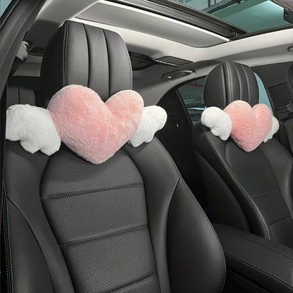 Car Headrest Neck Pillow Heart Shape with Angel Wings – Cute Plush Lumbar Cushion & Seat Back Pillow, Car Interior Decor Accessory