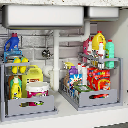 Under Sink Storage Organizer 2-Tier Sliding Metal Shelf in 1-Pack or 2-Pack, Black, White or Gray