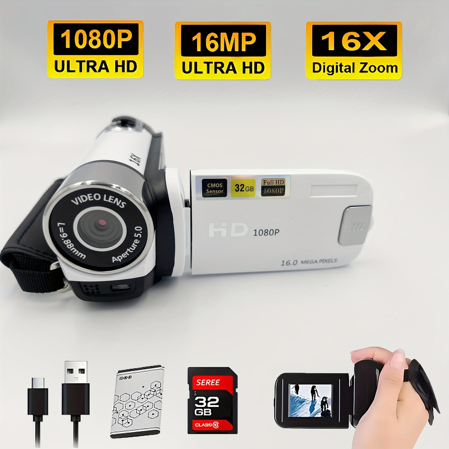 Digital Camera with Flip Screen, Camcorder with 1080P Video, 16MP Capture Marking, 16X Digital Zoom, 270° Flip Screen and 32GB Card