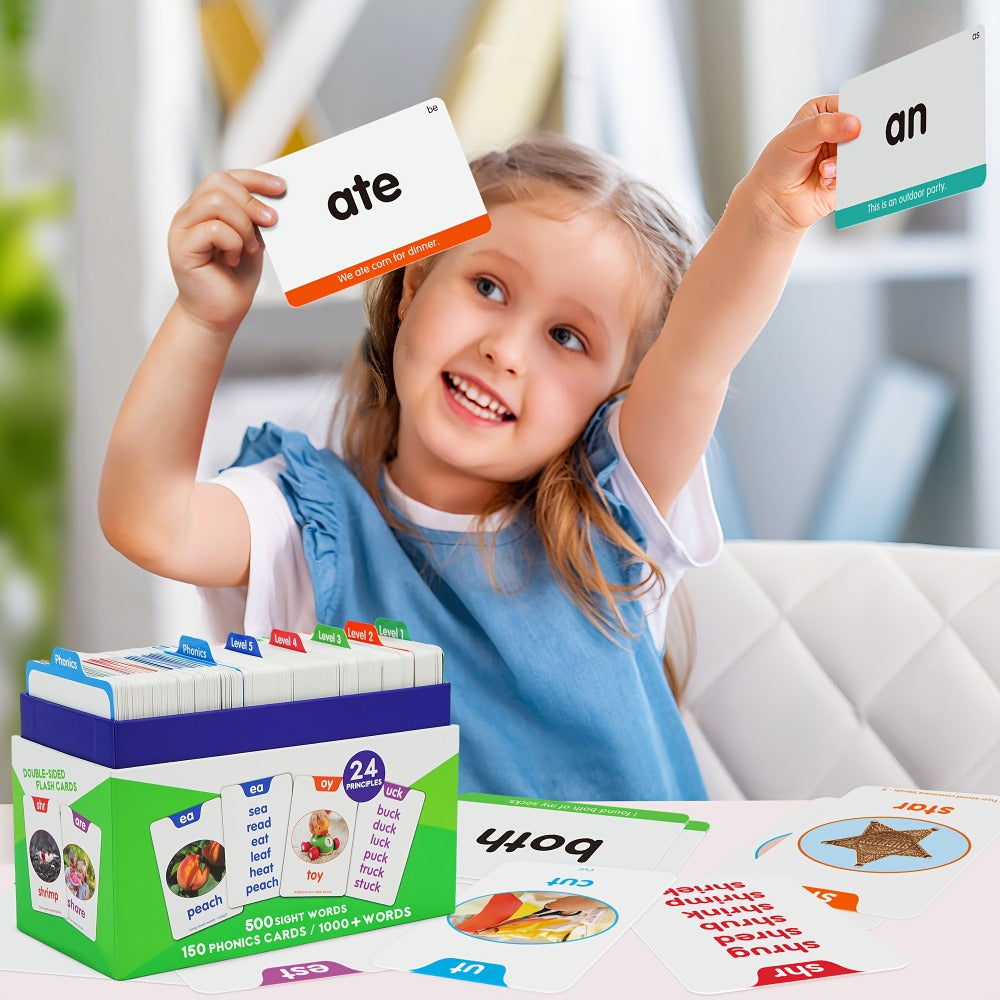 Sight Words Flash Cards 500 Cards & 150 Phonics Cards Set 1000+ Dolch Fry High Frequency Words CVC Blends Long Vowels | Learn to Read Cards