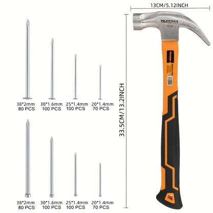 Claw Hammer & 700-Piece Nail Kit, 8oz or 16oz Forged Steel Magnetic Hammer with Galvanized Picture Hanging & Finishing Nails